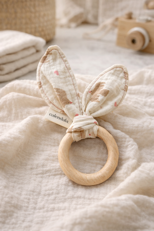 Houten bijtring met konijnenoortjes